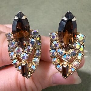 Vintage Gold Tone Brown Glass AB Rhinestone Clip On Earrings